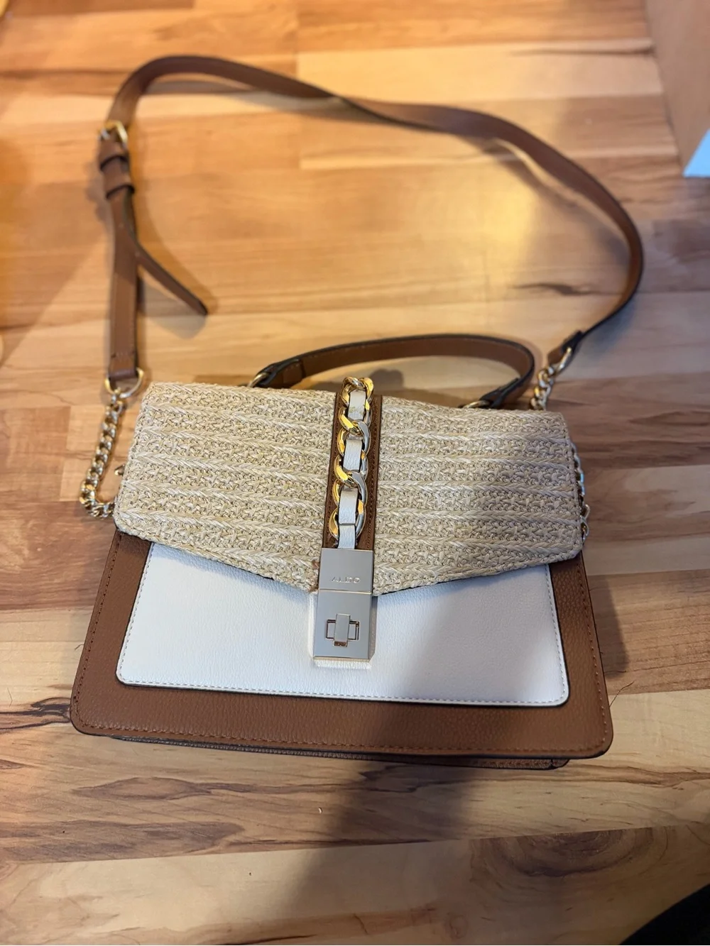 Aldo Beige Straw & Brown Leather Crossbody with Gold Chain